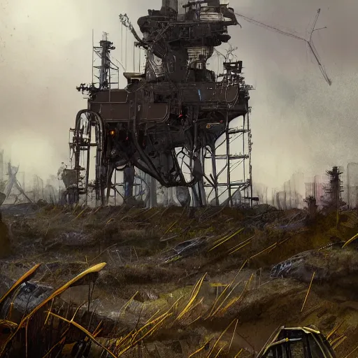 Prompt: post apocalyptic overgrown oil rig by victor moura james hayes jim kjexrud, trending on artstation, digital artwork, highly detailed, contest winner, environmental artwork, concept art