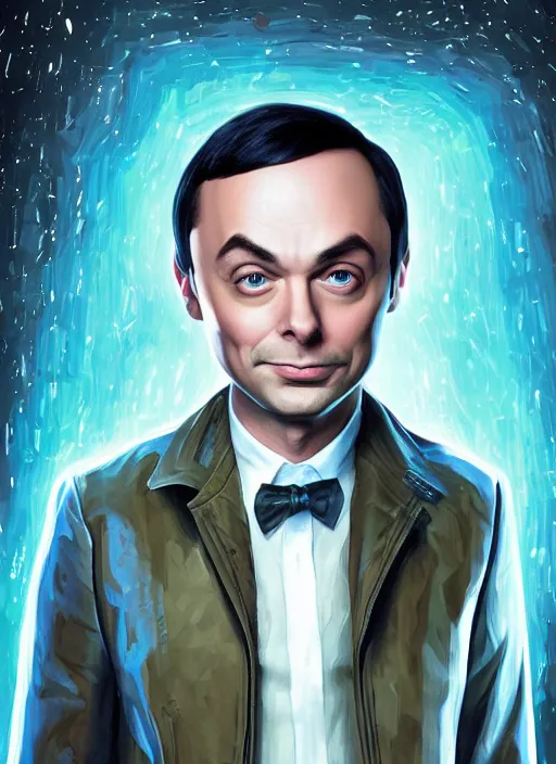 Image similar to digital _ painting _ of _ sheldon from big bang theory saying bazinga _ by _ filipe _ pagliuso _ and _ justin _ gerard _ symmetric _ fantasy _ highly _ detailed _ realistic _ intricate _ port