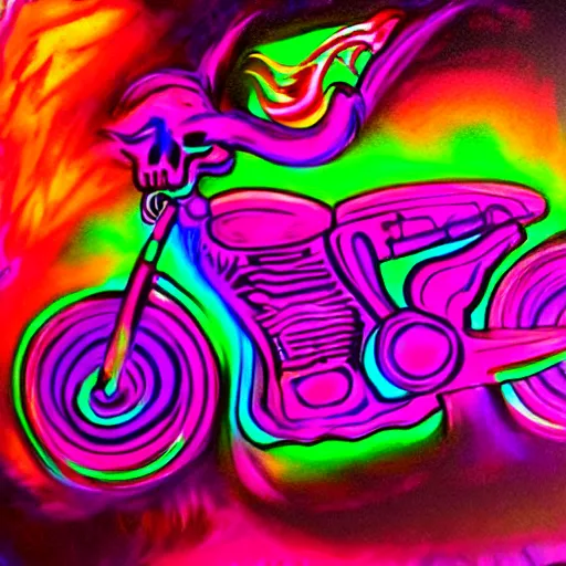 Image similar to psychedelic blacklight airbrush art of an orc riding a motorcycle