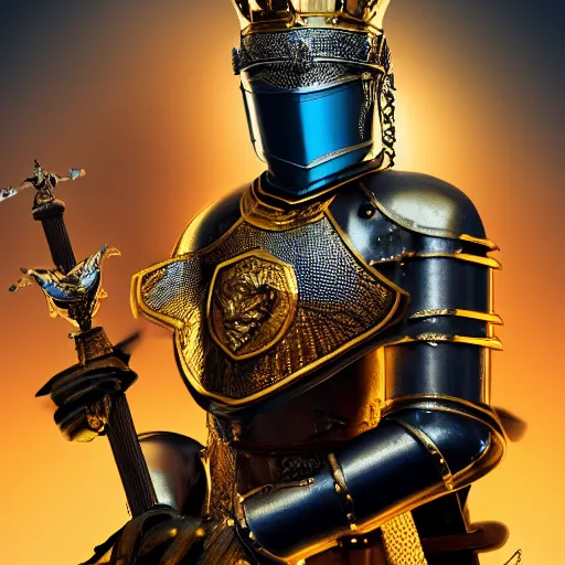 Image similar to a highly detailed knight in a T golden helmet and a golden crown with a blue diamond in the center, golden armor, leather clothes under the armor, leather gloves, holds a black sword, artstation, DeviantArt, professional, octane render, sunset lighting