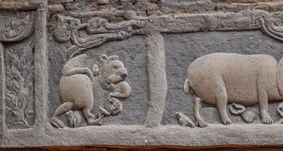 Prompt: Stone bas-relief of a Capybara, on wall of Sri Dalada Maligawa, Temple of Buddha tooth, Kandy, Sri Lanka