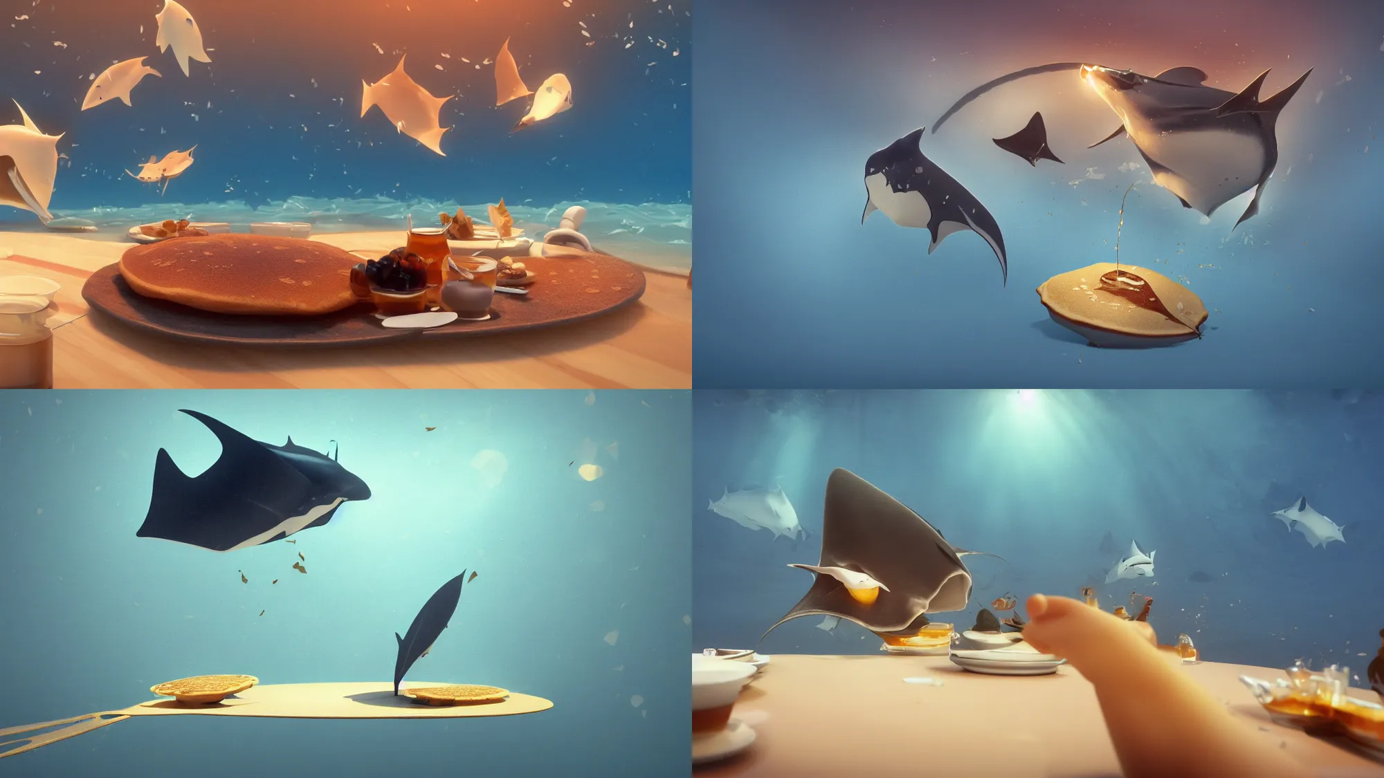 Prompt: a pancake manta ray swimming in maple syrup, cute, 4 k, detailed award - winning beautiful lighting composition 3 d octane render, by greg rutkowski, studio ghibli, blur, motion blur bokeh