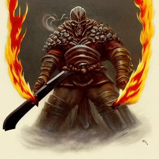 Image similar to head and shoulders portrait of a helmed fire giant with a giant sword wreathed in flame, d & d, fantasy, greg rutkowski, frank frazetta, alexandre chaudret, boris vallejo, michael whelan, miro petrov, hr giger, magali villeneuve, donato giancola