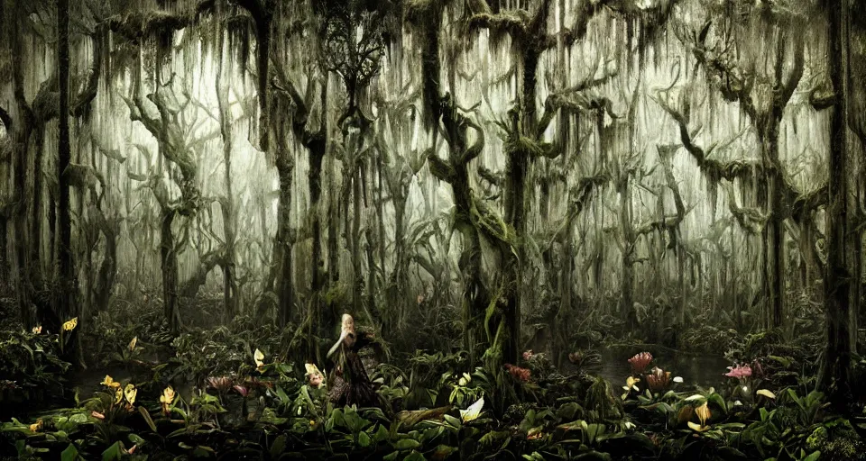 Image similar to A dense and dark enchanted forest with a swamp, by Kirsty Mitchell