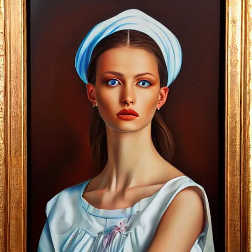 Prompt: hyperrealism oil painting of ukrainian fashion model in vyshyvanka