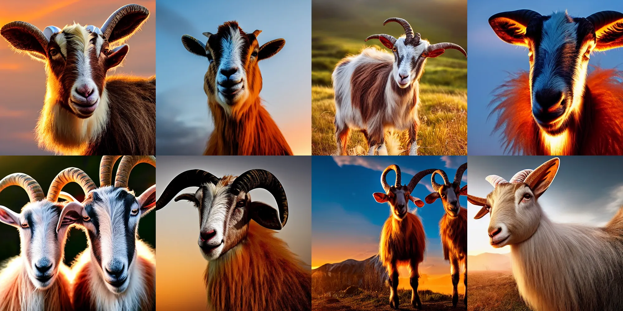 Prompt: An anthropomorphic goat, orange sky behind them, backlit fur, focused, very detailed, soft lighting, beautiful