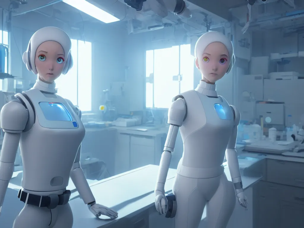 Prompt: a wholesome key shot of a female android in a lab, pure white, low shot angle, studio ghibli, pixar and disney animation, sharp, rendered in unreal engine 5, anime key art by greg rutkowski and nixeu, full bloom, vibrant lighting