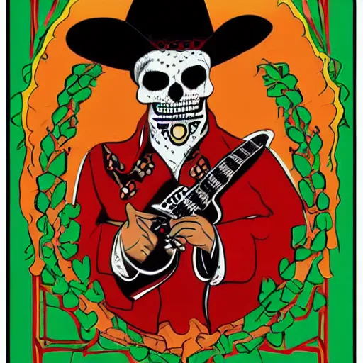 Prompt: skullfaced mexican vaquero, persian folklore illustration