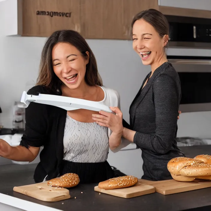 Image similar to a woman that is extremely happy about a young woman receiving her new bagel slicer from the future in the mail from amazon, 8 k,