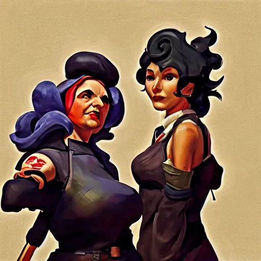 Prompt: greg manchess painting of two old ladies overwatch character, medium shot, asymmetrical, profile picture, organic painting, sunny day, matte painting, bold shapes, hard edges, street art, trending on artstation, by huang guangjian and gil elvgren and sachin teng