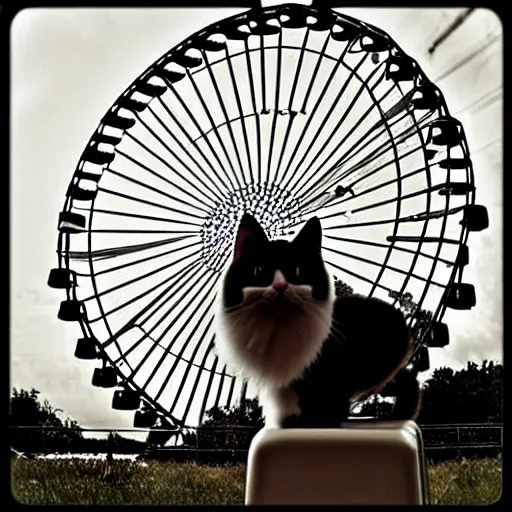 Image similar to !!! cat!!!, ( ferris wheel ), feline, sitting, riding, award winning photo, nikon, realistic,