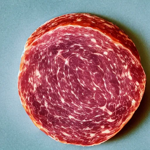 Prompt: Astronomical satellite view of nearest star image as a small single round slice of salami