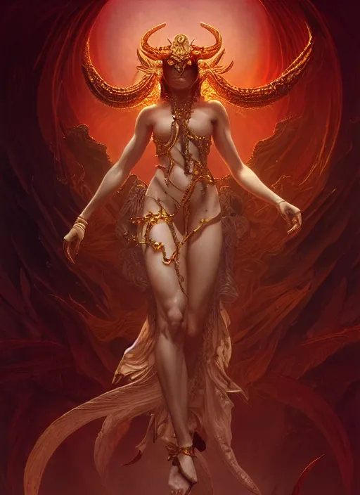 Image similar to demon dancer of the underworld, intricate, shiny, elegant, higly detailed, ultra definition, digital painting, artstation, unreal engine rendered, concept art, smooth, high speed, illustration, art by artgerm and greg rutkowski and alphonse mucha and james jean