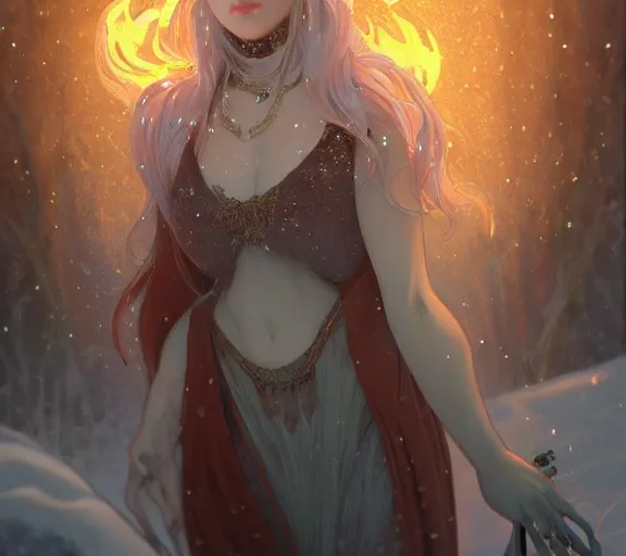 Image similar to beautiful ancient frost witch, fire in eye, snow glow, pool party, highly detailed, digital painting, artstation, sharp focus, illustration, art by tan zi and ayanamikodon and alphonse mucha and wlop!!!