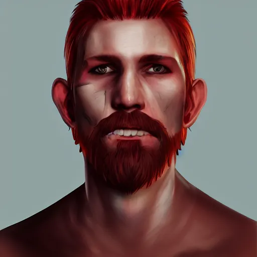 Prompt: portrait, 30 years old man :: red hair ponytail :: burned face, grimy, rough :: high detail, digital art, RPG, concept art, illustration