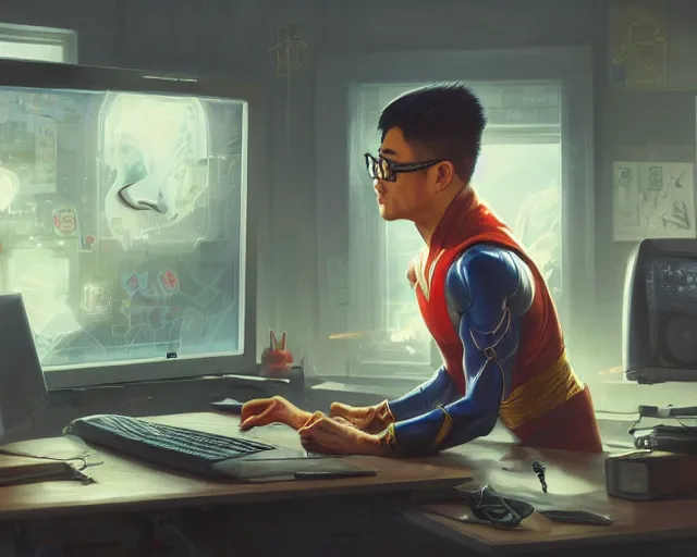 Image similar to an insanely detailed painting of a nerdy asian man wearing a superhero costume, sitting at a desk, staring at the nervously at the computer and typing, in the style of peter mohrbacher, dramatic lighting and composition, octane render, pixar, trending on artstation, concept art, comic book, view from behind