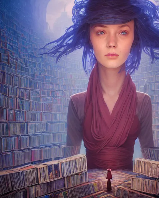 Image similar to highly detailed surreal vfx portrait of a female mage with a blue cape in a labyrinth of books, stephen bliss, unreal engine, greg rutkowski, loish, rhads, beeple, makoto shinkai and lois van baarle, ilya kuvshinov, rossdraws, tom bagshaw, alphonse mucha, global illumination, detailed and intricate environment