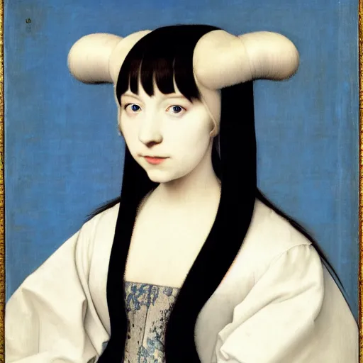 Image similar to a portrait of the young lady hatsune miku of the house lancaster by hans holbein, blue eyes, blue hair, porcelain skin, national portrait gallery, painting