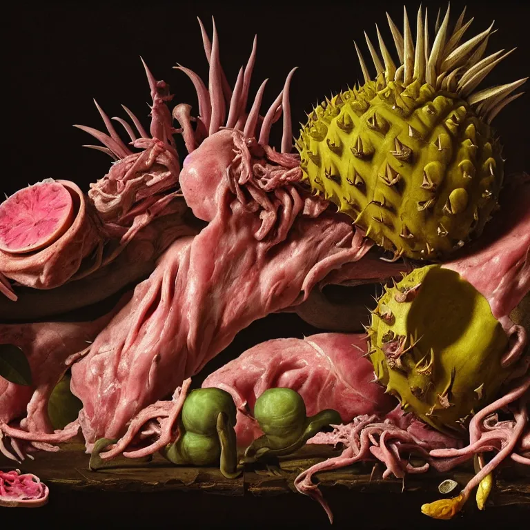 Image similar to still life of beautiful pastel tropical alien flowers, tropical fruit, human spine, rotten meat flesh with colorful mold, muscle tissue, spikes, baroque painting, beautiful detailed intricate insanely detailed octane render, 8K artistic photography, photorealistic, chiaroscuro, Raphael, Caravaggio