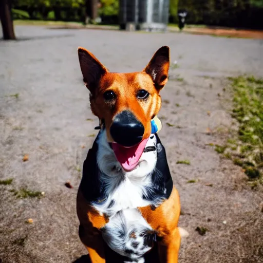 Image similar to a photo of a dog in a park with a small cigar in his mouth