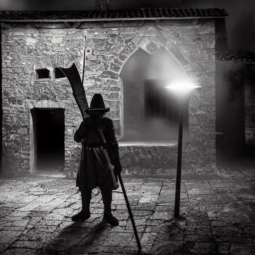 Image similar to a small medieval village at night time, orange glowing light filters out through the windows of the houses and a thin mist has settled around them, a lone guard stands watch armed with a spear and a flaming torch, dramatic, dark moody lighting, high quality