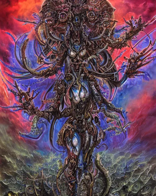 Image similar to silver mechanical charred bloody fleshmetal obliterator cyborg daemonhost woman wearing robes, psychedelic flamer of tzeentch with extra arms gunner, blue and green rainbow fire, by antonio j. manzanedo, alex grey, android jones, wayne barlowe, philippe druillet, josephine wall, harumi hironaka, cronenburg, trending on artstation