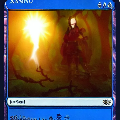 Image similar to a xanxia hero in a dark forest standing beside a glowing blue rectangle