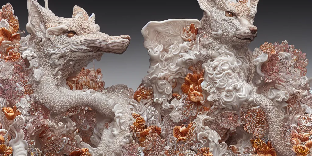 Image similar to A photo-real delicate ceramic porcelain sculpture of an ornate detailed kitsune in front of a intricate background by Victo Ngai and takato yamamoto, micro detail, backlit lighting, subsurface scattering, translucent, thin porcelain, octane renderer, colorful, physically based rendering, japanese pottery, trending on cgsociety 'H 1924
