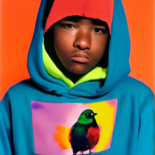 Image similar to close-up shot of a bird wearing hoodie in 80s, at the party, colourful Polaroid photo, by Warhol