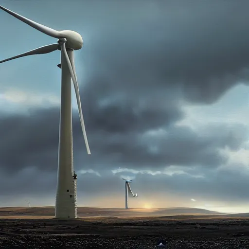 Prompt: painting of a humongous wind-turbine in the distance, by Greg Rutkowski, iceland landscape, golden hour, dramatic lighting, epic, gargantuan, intricate detail, 4k, 8k