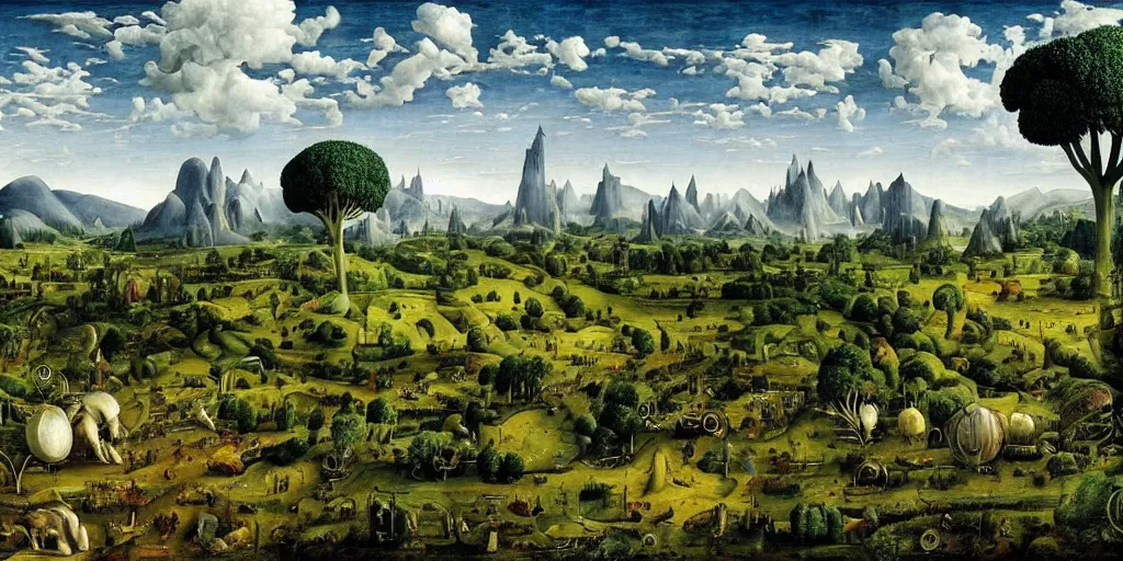 Prompt: a beautiful hyper-realistic landscape painting by Bosch and Giger, rolling green fields under a blue sky with hovering steampunk airships and giant rabbits and broccoli