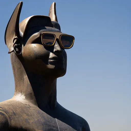 Prompt: a portrait of a statue of the Egyptian god Anubis wearing aviator goggles, white t-shirt and leather jacket. The city of Los Angeles is in the background. hi-res dslr photograph