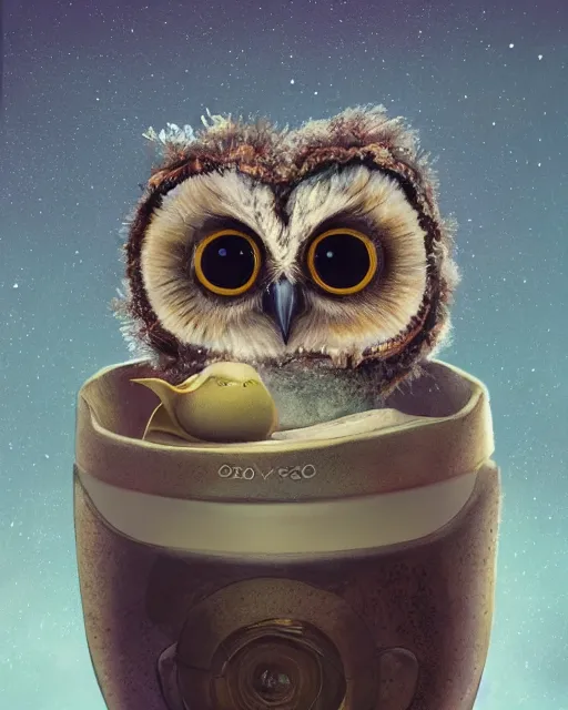 Image similar to long shot of a very cute owl chick nesting in a very futuristic cup, esao andrews, humorous illustration, hyperrealistic, big depth of field, warm colors, night scenery, low light, 3 d octane render, 4 k, conceptart, hyperdetailed, hyperrealistic, trending on artstation