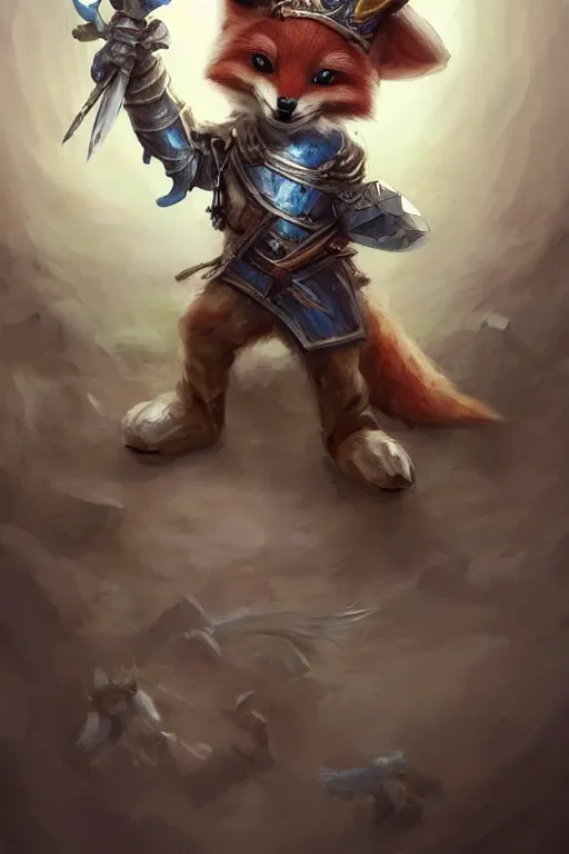 Image similar to cute little anthropomorphic foxy knight wearing a cape and a crown, tiny, small, miniature fox, baby animal, short, pale blue armor, cute and adorable, pretty, beautiful, DnD character art portrait, matte fantasy painting, DeviantArt Artstation, by Jason Felix by Steve Argyle by Tyler Jacobson by Peter Mohrbacher, cinematic lighting