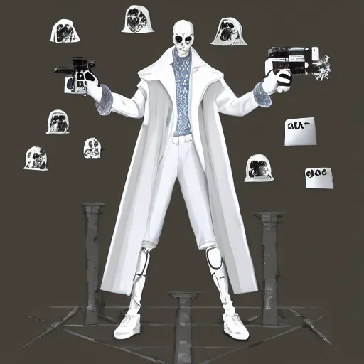Prompt: an academic wearing a white trench coat with 6 arms sticking out on all sides, looking out of a doorway. four arms have lazer guns, one has a rifle, and one has a broken piece of a door. artstation. dramatic digital art.