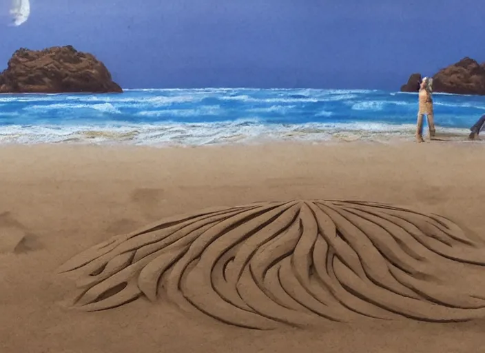 Prompt: beautiful sand sculpture on the beach, 8 k, matte painting, in the style of artist, ann stokes