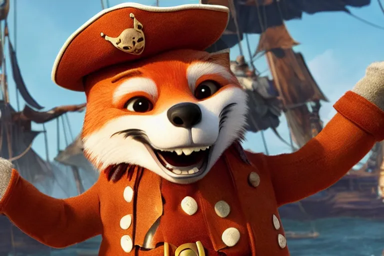 Prompt: promotional image of a fox as a pirate captain in the new pixar movie, very detailed face, movie still frame, promotional image, imax 70 mm footage