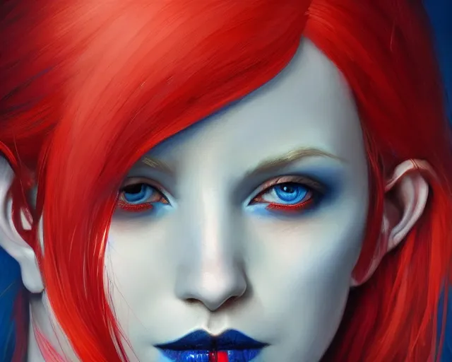 Image similar to A detailed matte oil on canvas head on symmetrical portrait of a distinguished elven woman with red and blue hair on an empty background, by Charlie bowater, Lise Deharme, Wlop, trending on artstationhd, dungeons and dragons art, parted hair , half blue, half red , split dye, critical role