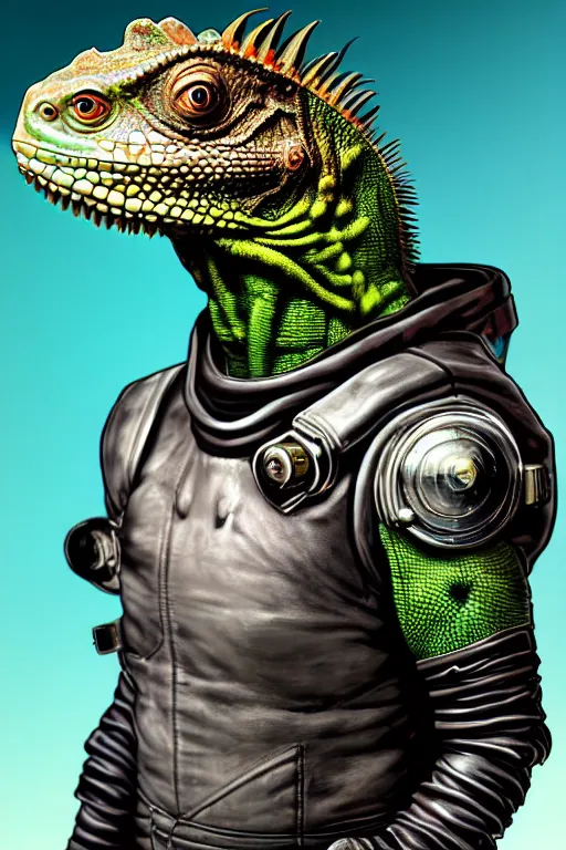 Image similar to a portrait of a muscular anthropomorphic cyberpunk iguana! in leather spacesuit armor with a large head by sandra chevrier, by jon foster, detailed render, pistol in holster, tape deck, epic composition, cybernetics, 4 k realistic, cryengine, realistic shaded lighting, sharp focus, masterpiece, by enki bilal