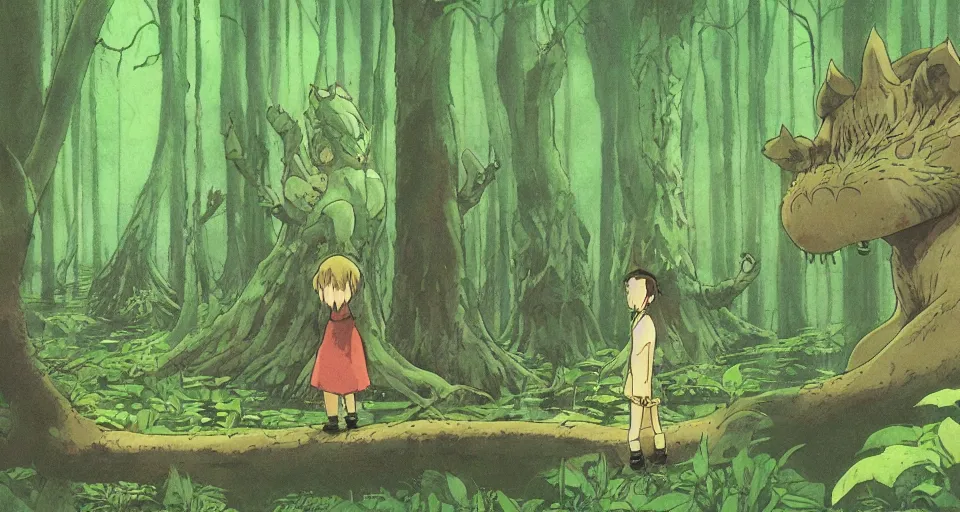 Image similar to A dense and dark enchanted forest with a swamp, by Studio Ghibli