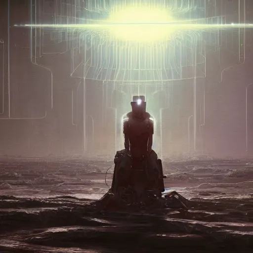 Prompt: highly detailed subjective futuristic painting outlining the process where the ai enhanced arbiter of fate beckons his disciples to kneel to the coming onslaught of universal decay by greg rutkowski, by james paick, by hernando gaswater, 4 k resolution, octane render, dark moody muted color scheme, robotic wire infested hellscape