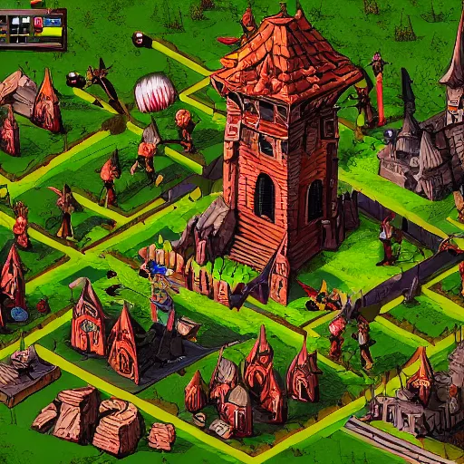 Image similar to Evil mage is standing on top of his tower, raising hands up high and leading his horde of zombies to outer lands. Isometric, high angle, big scale battle map. Highly detailed digital art, unreal engine.