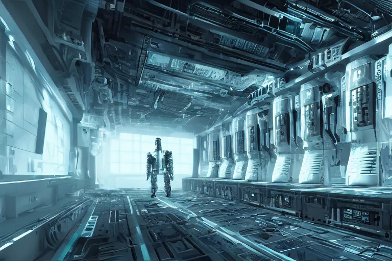 Image similar to parallax datacenter server room interior single mono colossus white rusty android robosaurus cyborg artstation cinematic detailed concept art sharp coherent cgsociety symmetric perfect well balanced shadows lotr supercomputer starwars