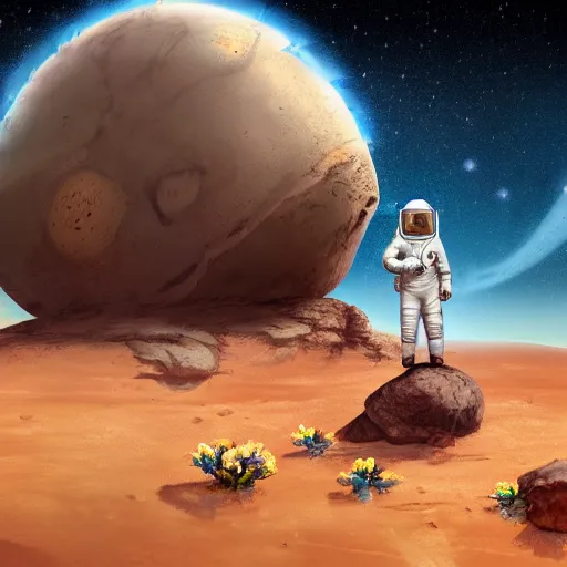 Prompt: an astronaut sitting on a rock on Mars surrounded by flowers, with the sky full of stars, digital art, trending on artstation, HDR