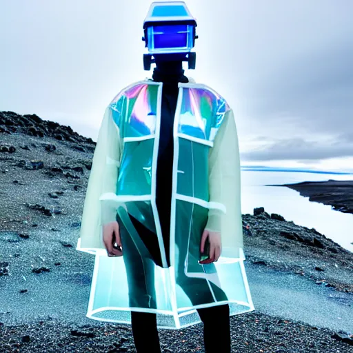 Image similar to an ultra high definition professional studio quality photograph of an artificial celebrity cyberpunk pop star wearing a transparent iridescent perspex pastel coloured face visor and matching raincoat on white coat hook in an icelandic black rock environment. dramatic lighting. volumetric shadows. light rays