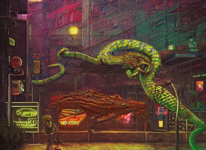 Image similar to reptile people exterior parking lot, cyberpunk neon, in the style of jeremy enecio, intricate, miles johnston, monet, cynical realism, john william godward, painterly, yoshitaka amano, miles johnston, louise zhang, pekka halonen, finnish naturalism, realism