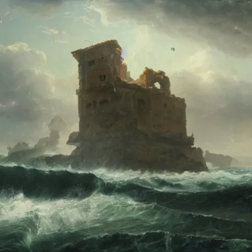 Prompt: Panorama view of a hurricane carrying ruined pieces from an ancient castle in its winds, flying island, oil painting, by Greg Rutkowski