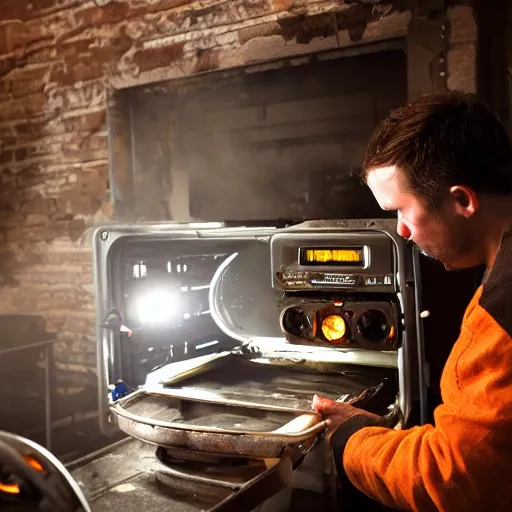 Image similar to technician repairing head of toaster oven mecha, dark messy smoke - filled cluttered workshop, dark, dramatic lighting, orange tint, cinematic, highly detailed, sci - fi, futuristic, movie still