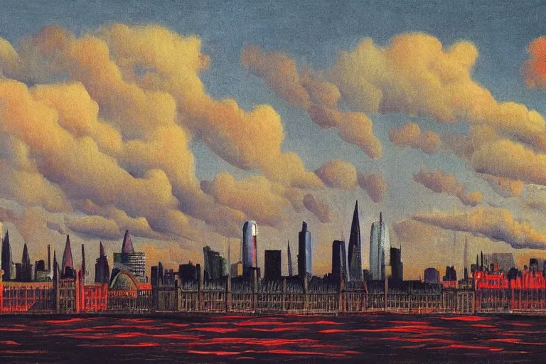 Image similar to color sketch of the london skyline, highly detailed, dramatic lighting, intense shadows, rich deep colours, by henri rousseau