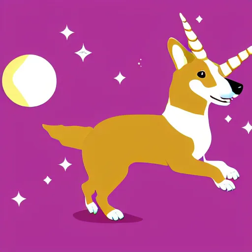 Image similar to vector illustration of a corgi riding a unicorn, detailled vector illustration, digital art, artstation